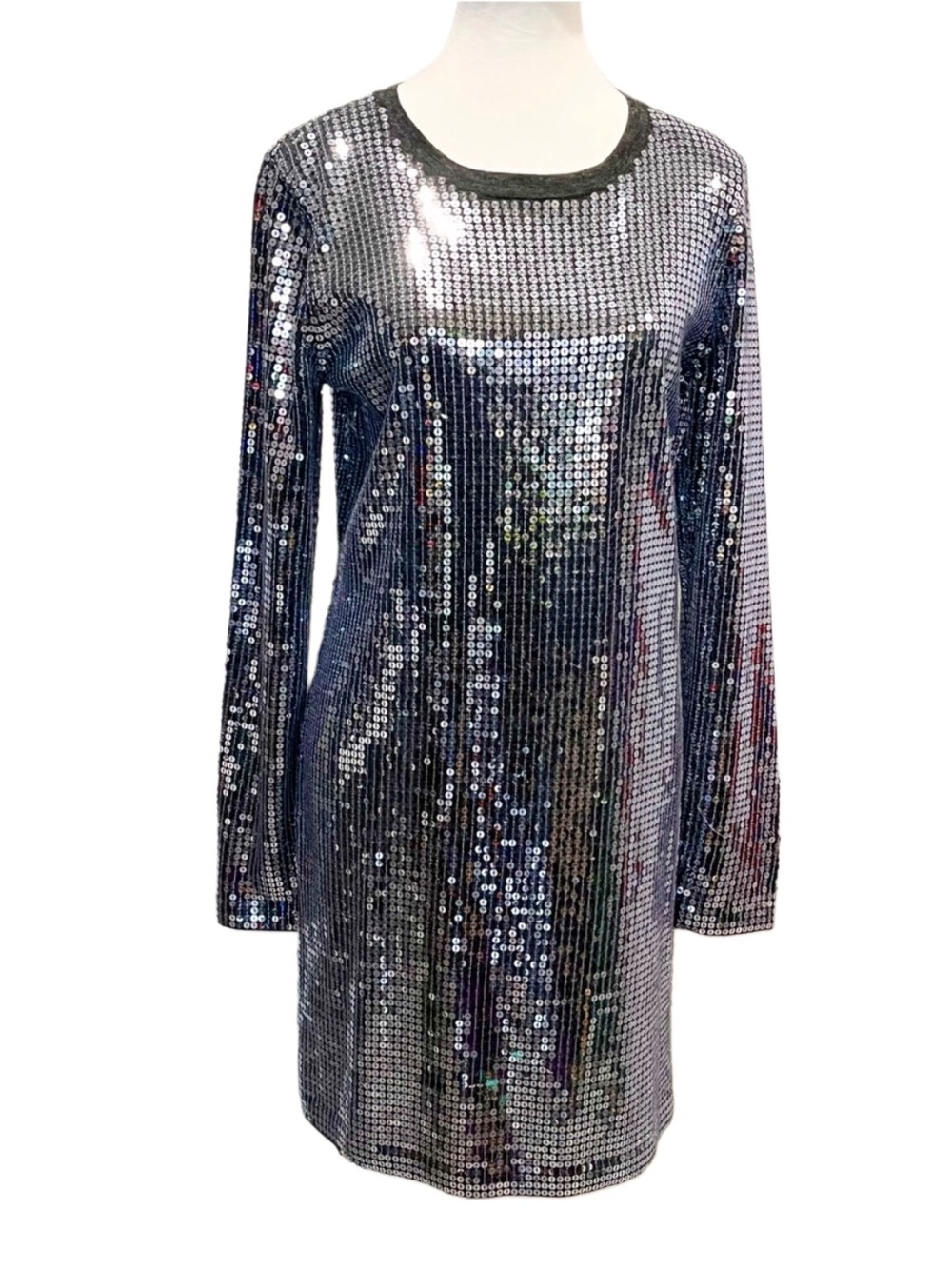 Michael Kors Ice Blue Sequin Mini Dress Silver Metallic L Disco Glam Party